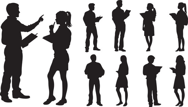 Business people silhouettes, office workers, black icons, vector set, 10 figures