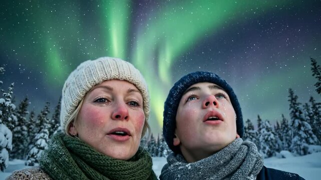 Woman and teenage boy look up at aurora borealis in snowy forest. Mother and son bundled in winter clothing observe northern lights under starry night sky. Family nature viewing experience in cold
