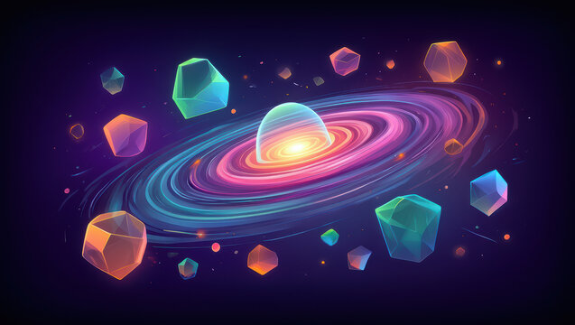 Colorful galaxy glowing ring geometric shape crystal abstract cosmic vibrant space fantasy digital art futuristic. vibrant cosmic scene with glowing geometric crystals and swirling galaxy evokes