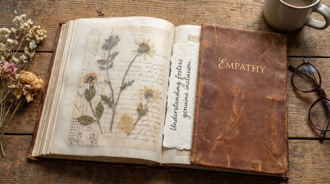 Vintage Open Book with Dried Flowers and Handwritten Bookmark v2