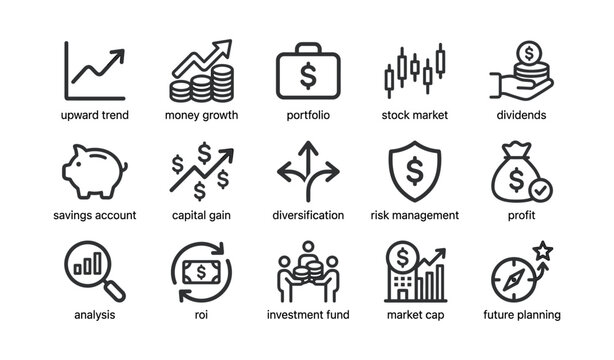 Finance and investment icons arranged on white background