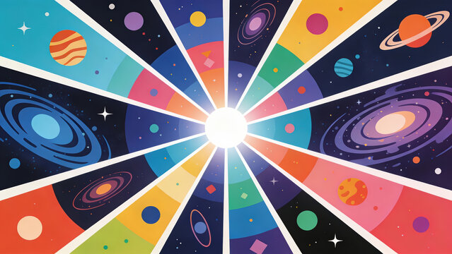 Radiant sunburst colorful planets abstract galaxy cosmic rays vibrant space geometric shapes starry sky modern illustration energetic imaginative universe