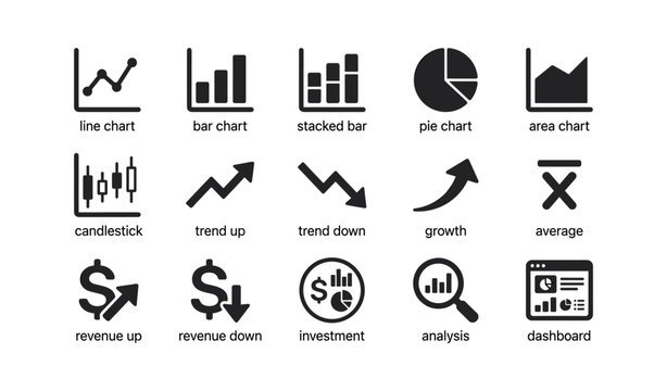 Chart and revenue icons displaying graph types on grid