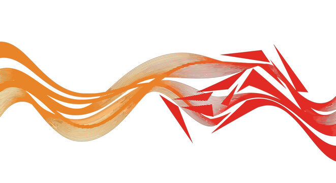 Abstract design with orange and red lines and geometric shapes on a white background