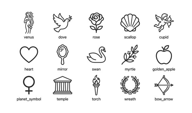 Mythology and love symbols arranged in icon grid on white