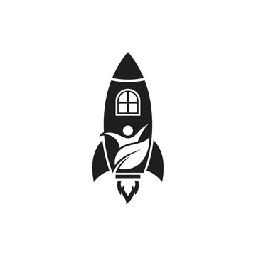Rocket Ship with Human Figure and Leaf Emblem, Symbolizing Growth and Innovation