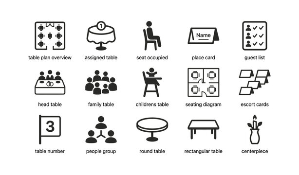 Banquet seating and table planning icons arranged on white background