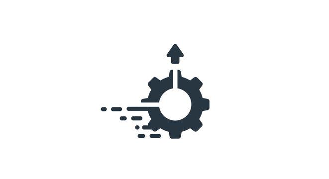 Gear with upward arrow and speed lines depicting process improvement and progress efficiently