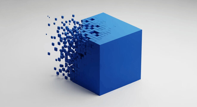 Abstract illustration of a blue cube with a disintegration effect on a white background