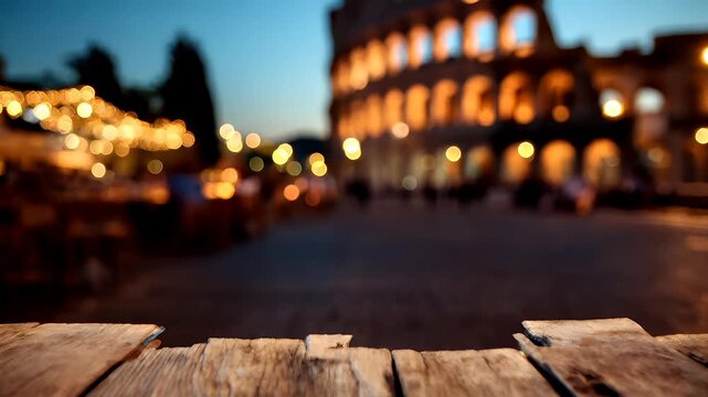 Outdoor caf bar restaurant. A nighttime scene features the Colosseum, a historic Roman amphitheater, illuminated with warm, golden light. The Colosseeum stands majestically in the background.