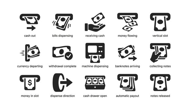 Cash dispensing icons showing banknotes slots and transactions
