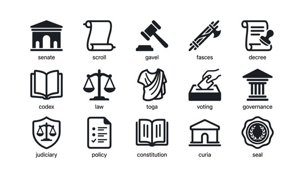 Government and law icon set arranged in grid layout