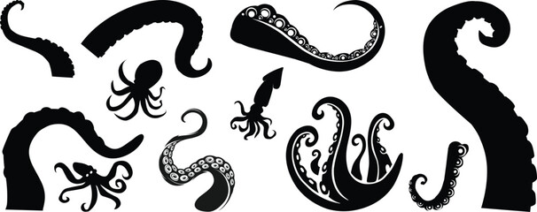 Octopus Tentacle Icon set, Vector Sea Monster Arm Silhouette, Kraken Tentacles Symbol, Curled octopus tentacles Marine Animal for Logo ultra sharp focus, sea life Tattoo, Game, Fantasy Design template © Vector Store