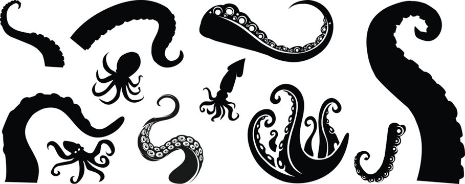 Octopus Tentacle Icon set, Vector Sea Monster Arm Silhouette, Kraken Tentacles Symbol, Curled octopus tentacles Marine Animal for Logo ultra sharp focus, sea life Tattoo, Game, Fantasy Design template