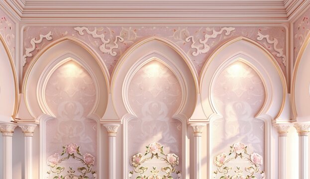 Pink Arches with Roses in Fairytale Palace, use in dreamy luxury backdrop