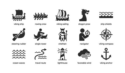 Fototapeta premium Viking ship and nautical icons arranged in grid layout