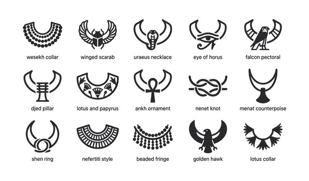 Egyptian collar and pectoral jewelry icons arranged in grid