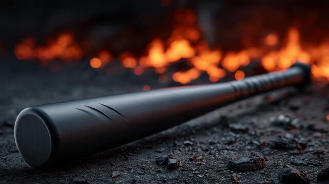 Dark metal baseball bat and black baton in fire, ash, smoke, burning embers on dark ground, dramatic sport weapon outdoor scene with steel danger and hot light closely combined for SEO title