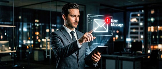 Fototapeta premium Business professional engaging with digital communication in modern office space at night showcasing technology integration and efficient workflow