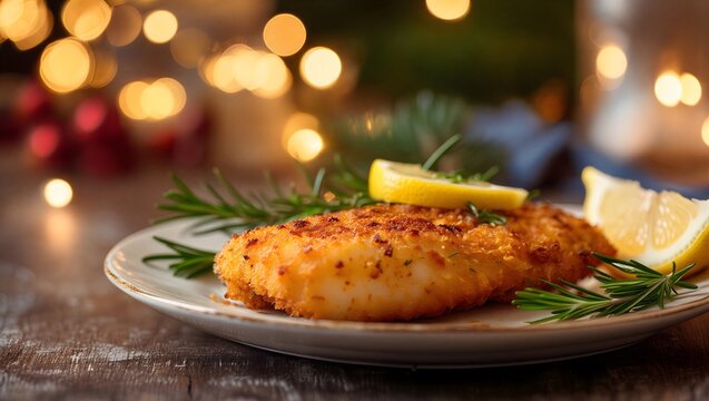 Crispy golden fish cakes on a plate with lemon and rosemary garnish