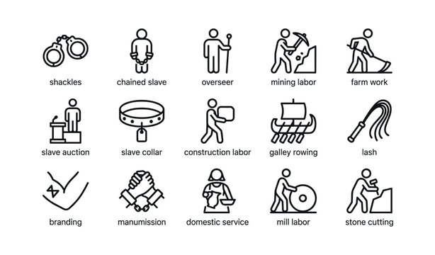 Slavery and labor icons arranged in grid on white background