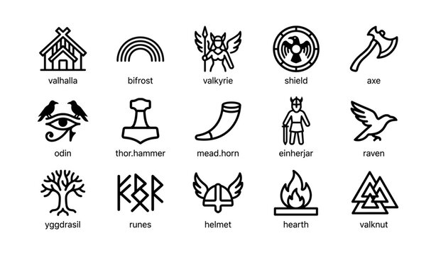 Norse mythology icons arranged in grid on white background