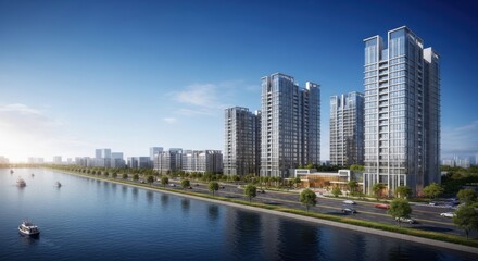 Fototapeta premium Modern high-rise apartment buildings line a waterfront city skyline