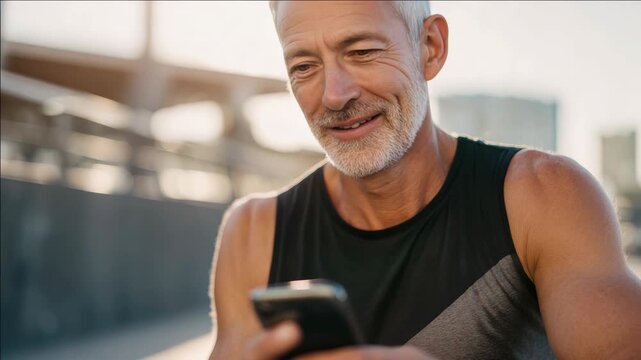 A middle-aged man with a beard is using his smartphone while resting on a bench during the daytime.