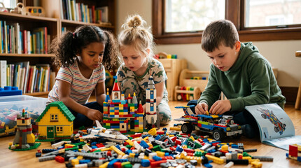 Fototapeta premium Kids building LEGO structures on floor, focused creativity