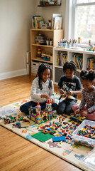 Fototapeta premium Black Kids building LEGO structures on floor, focused creativity