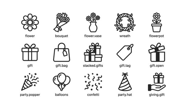 Flower, bouquet, gift and party icons on white grid background