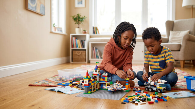 Black Kids building LEGO structures on floor, focused creativity