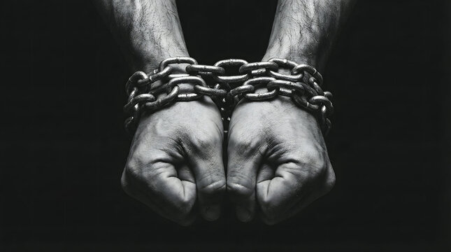 hands cuffed with heavy steel chains, symbolizing captivity