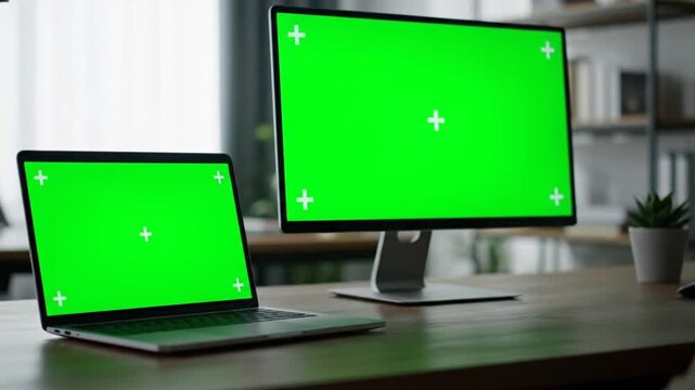 Modern home office setup featuring a laptop and desktop monitor, both with vibrant green screen displays for easy content insertion and dynamic visual mockups or presentations