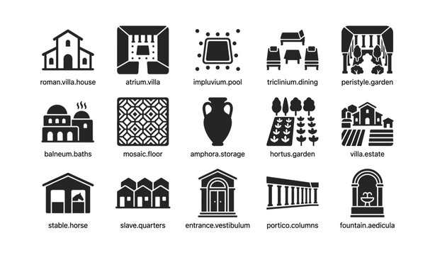 Roman villa and architecture icons arranged on white background
