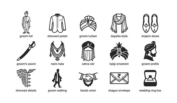 Indian groom attire and wedding icons arranged on white background