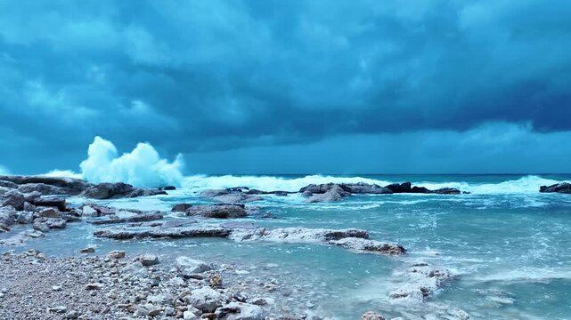 Powerful Storm Waves Crashing Against Rocky Shore Under Dark Dramatic Sky &ndash; Mediterranean Coast