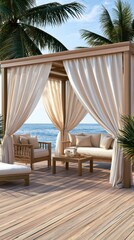 Fototapeta premium A serene beachfront lounge area with elegant curtains, wooden furniture, and tropical palms