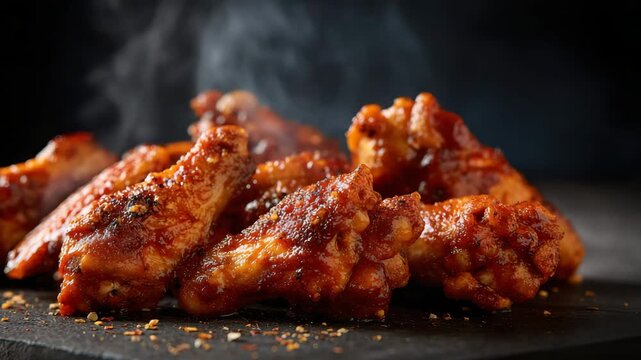 Chicken wing spicy sauce grilled hot food barbecue glazed meat smoky aroma with crispy skin and savory dish on dark background, perfect searchable SEO title for food video upload