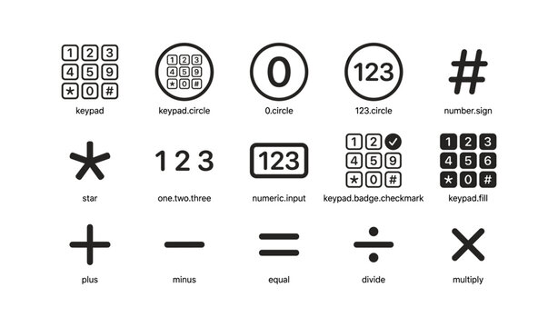 Numeric and math symbol icons arranged in grid on white background