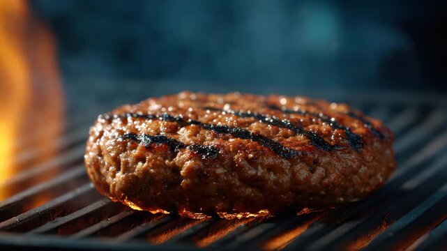 Smoky grilled beef burger patty on barbecue grill with char marks, sizzling flame, juicy meat texture, charred surface, and warm outdoor cooking scene