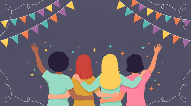 Diverse friends celebrating together with colorful bunting