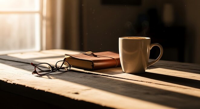 Peaceful morning warm light on a table with a hot drink, book, and glasses, for a cozy, reflective moment