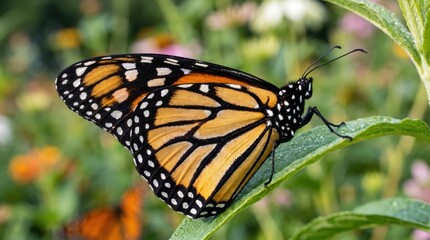 Fototapeta premium Monarch butterfly on green leaf.