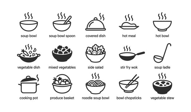 Food and soup icons arranged in grid on white background