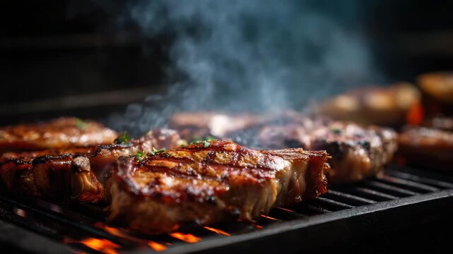 Grilled steak barbecue meat smoke flame on barbecue grill with smoky charred crust, juicy seared beef, hot glowing coals, savory outdoor dinner aroma close up