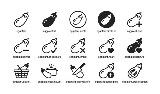 Eggplant icons displayed with labels in grid on white background