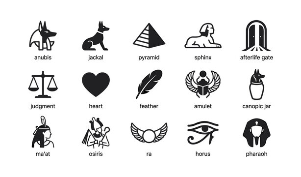 Ancient egyptian symbols and deity icons arranged in grid on white background