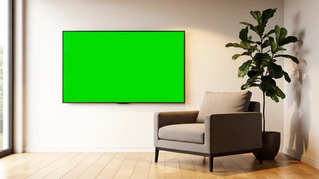 Modern living room interior with a large green screen television on a white wall, ready for custom content display or digital compositing