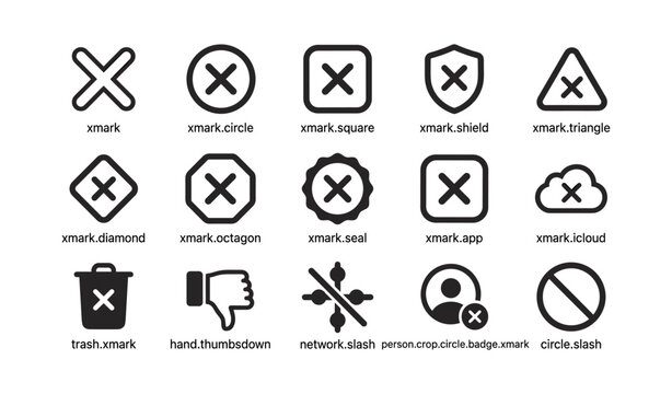 X mark and prohibition icons arranged in grid on white background